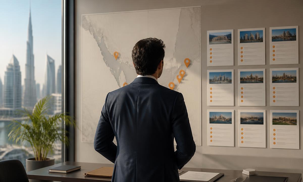 Business professionals comparing options in a modern office