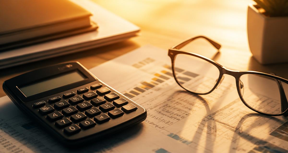 Calculator, glasses and financial statements on a desk