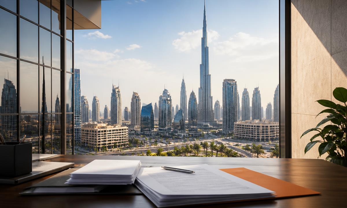 Modern Dubai business district viewed from an office window