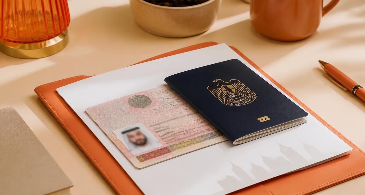 UAE passport and residence documents on a desk