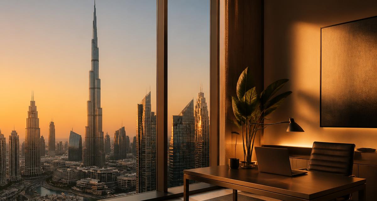 Dubai skyline seen from a modern office interior at sunset
